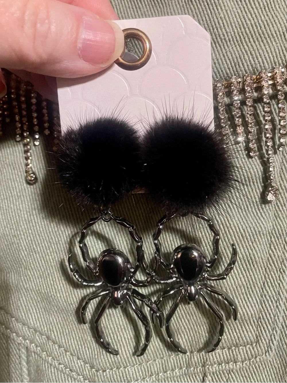 Black Fur Pom & Silver Spider Drop Earrings
